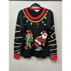 Celebrate Together Christmas Sweater Womens Size Medium Funny Black Santa‎ Elf
